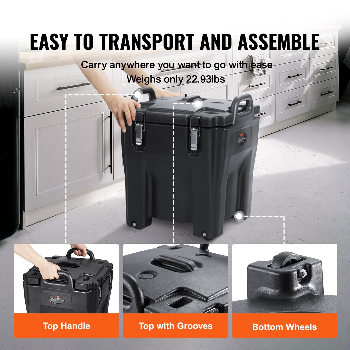 Isolierter Speisenbehälter, 32 Quart Fassungsvermögen, stapelbare Warmhaltebox für Gastronomiebetriebe mit Edelstahlbehälter, von oben zu befüllender LLDPE-Speisenwärmer mit integrierten Griffen, Schnallen und festem Standfuß, für Restaurantkantinen, B