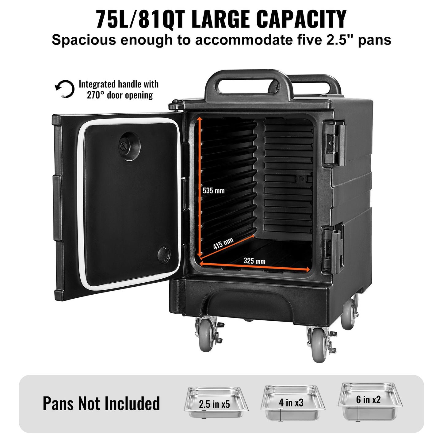 Insulated Food Pan Carrier, 81 Qt Hot Box for Catering, Food Box Carrier with Double Buckles, Front Loading Food Warmer with Handles, Stackable End Loader with Wheels for Restaurant, Canteen