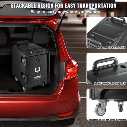 Insulated Food Pan Carrier, 81 Qt Hot Box for Catering, Food Box Carrier with Double Buckles, Front Loading Food Warmer with Handles, Stackable End Loader with Wheels for Restaurant, Canteen