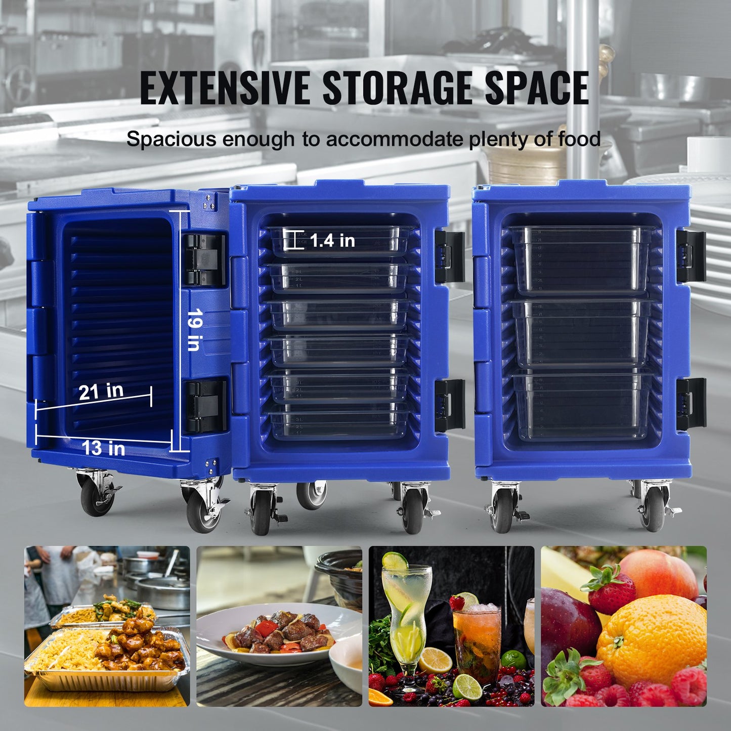 Insulated Food Pan Carrier, 82 Qt Hot Box for Catering, LLDPE Food Box Carrier with One-Piece Buckle, Front Loading Food Warmer with Handles, End Loader with Wheels for Restaurant, Canteen, etc.