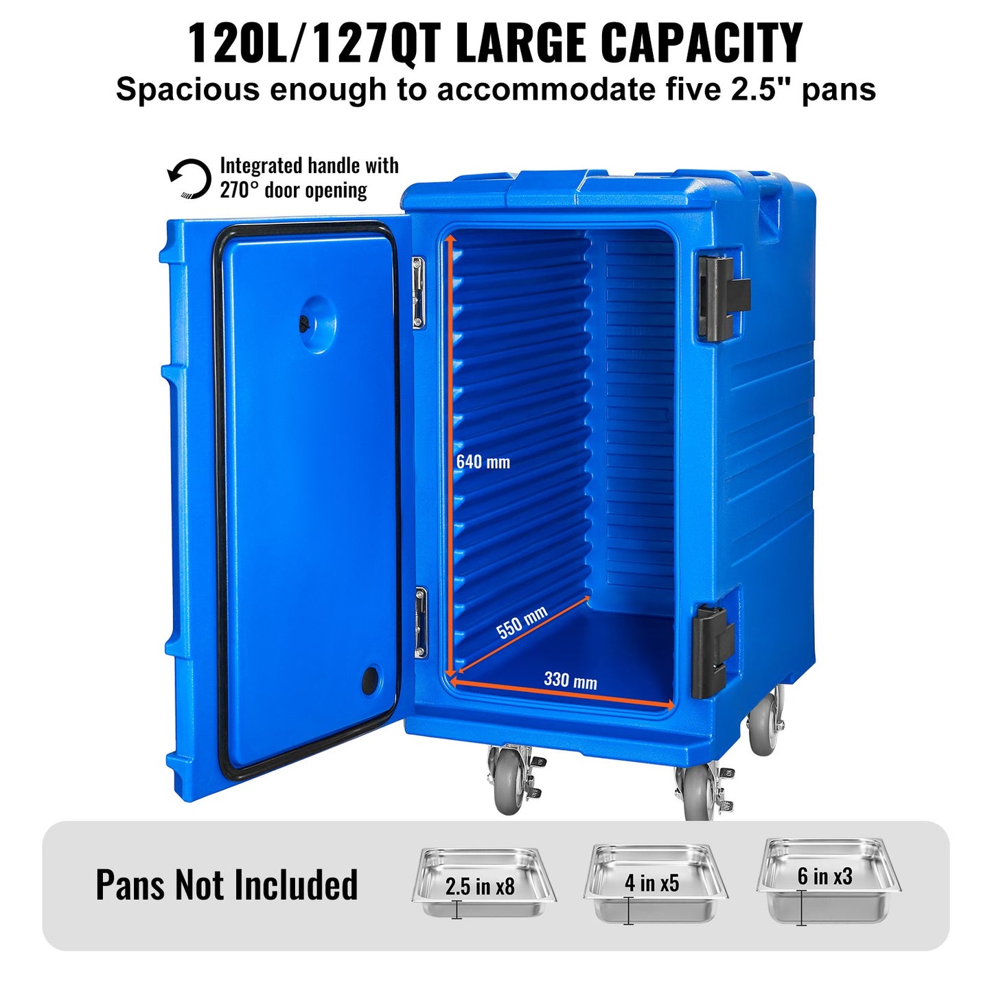 Insulated Food Pan Carrier, 127 Qt Hot Box for Catering, Food Box Carrier with Double Buckles, Front Loading Food Warmer with Handles, End Loader with Wheels for Restaurant, Canteen