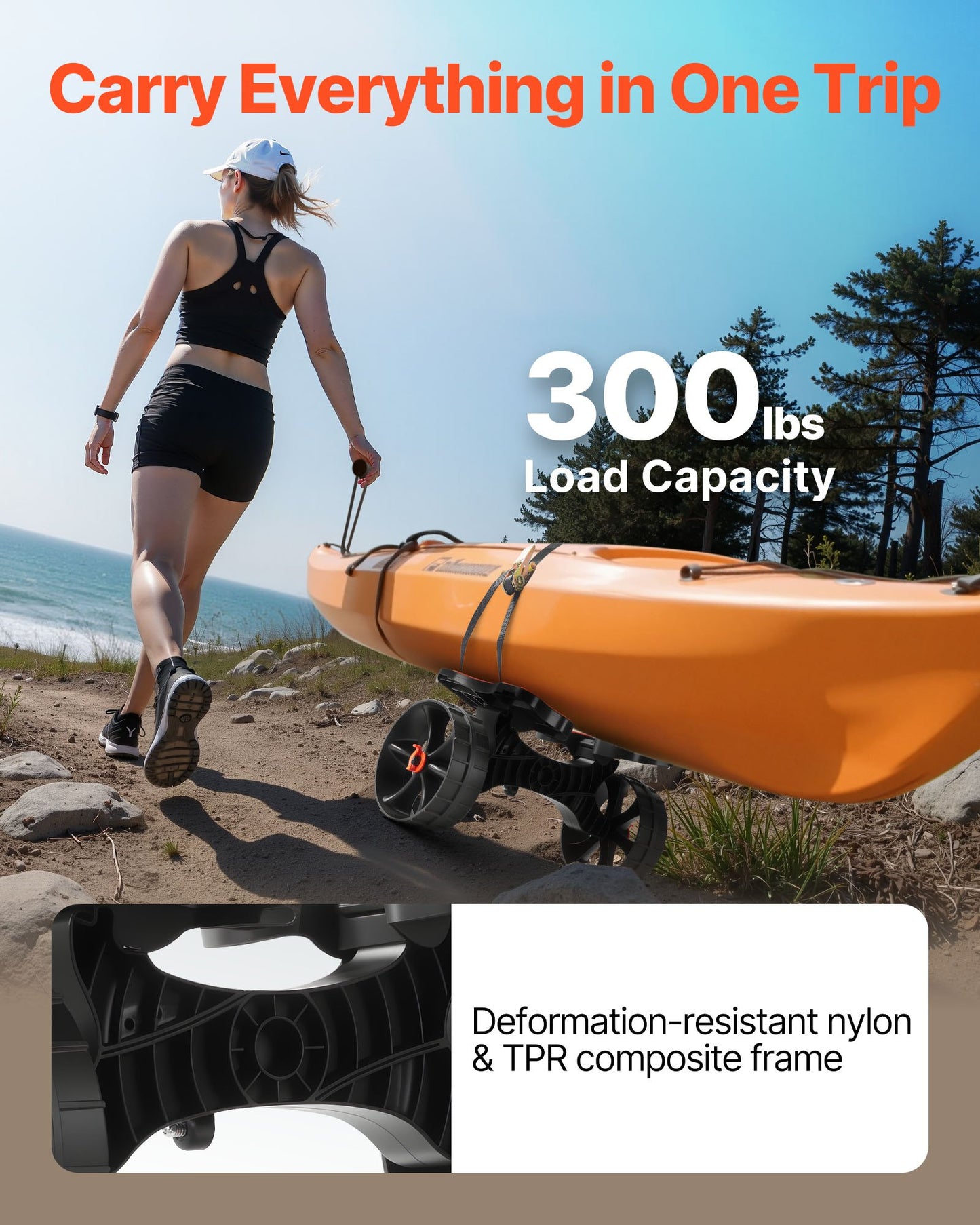 Kayak Cart, 136.1 kg Load Capacity, Foldable Kayak Trolley with 25.4 cm Solid Rubber Tires & 1 Ratchet Strap, Paddle Board Trolley for Carrying Kayaks, Canoes, Paddleboards, Float Mats,Jon Boats