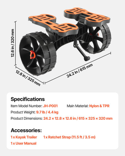 Kayak Cart, 136.1 kg Load Capacity, Foldable Kayak Trolley with 25.4 cm Solid Rubber Tires & 1 Ratchet Strap, Paddle Board Trolley for Carrying Kayaks, Canoes, Paddleboards, Float Mats,Jon Boats