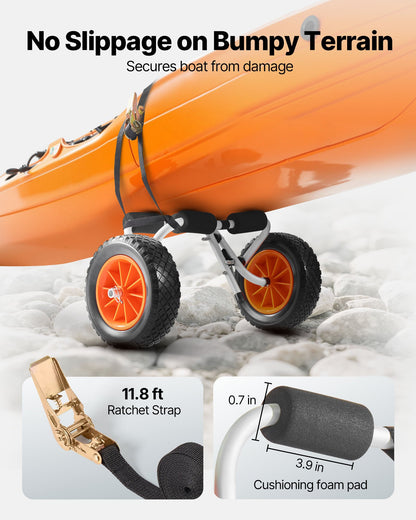 Kajakwagen, 90 kg Tragkraft, faltbarer Kajakwagen mit 25,4 cm Vollgummireifen und 1 Ratschengurt, Paddleboard-Wagen zum Transport von Kajaks, Kanus, Paddleboards, Schwimmmatten und Jon-Booten