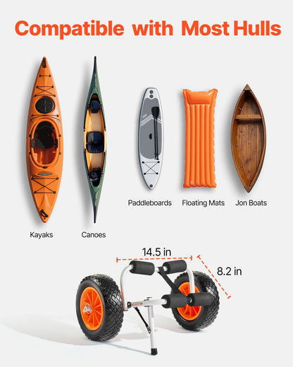 Kajakwagen, 90 kg Tragkraft, faltbarer Kajakwagen mit 25,4 cm Vollgummireifen und 1 Ratschengurt, Paddleboard-Wagen zum Transport von Kajaks, Kanus, Paddleboards, Schwimmmatten und Jon-Booten