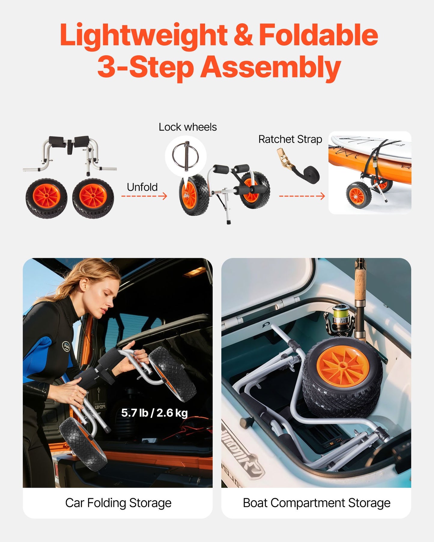 Kajakwagen, 90 kg Tragkraft, faltbarer Kajakwagen mit 25,4 cm Vollgummireifen und 1 Ratschengurt, Paddleboard-Wagen zum Transport von Kajaks, Kanus, Paddleboards, Schwimmmatten und Jon-Booten