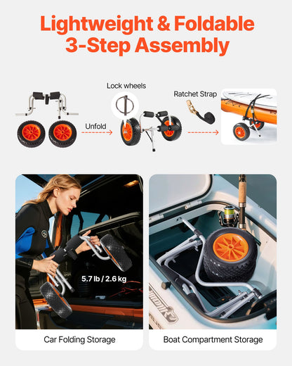 Kajakwagen, 90 kg Tragkraft, faltbarer Kajakwagen mit 25,4 cm Vollgummireifen und 1 Ratschengurt, Paddleboard-Wagen zum Transport von Kajaks, Kanus, Paddleboards, Schwimmmatten und Jon-Booten