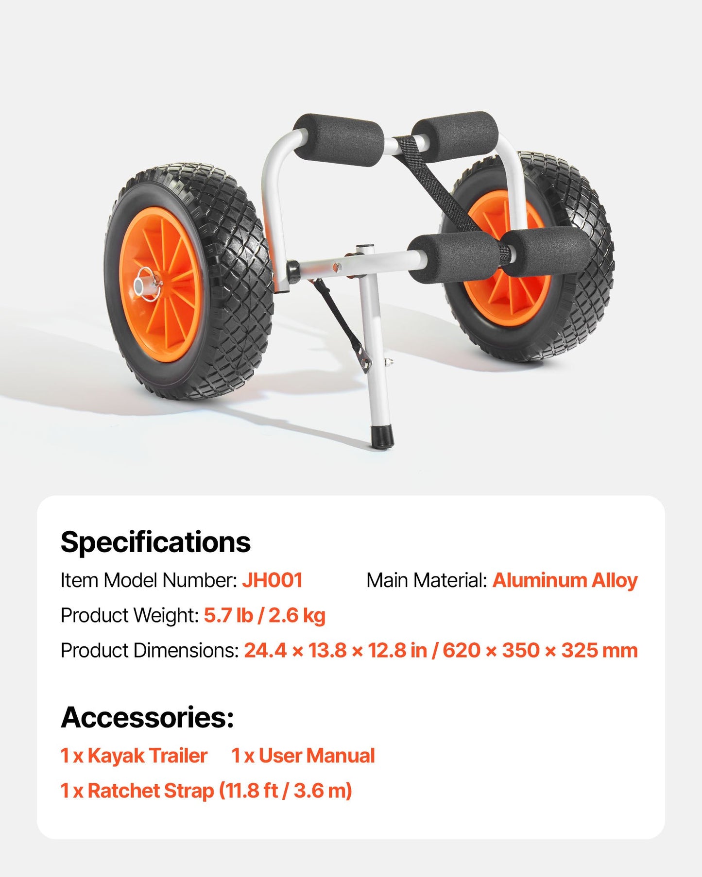 Kajakwagen, 90 kg Tragkraft, faltbarer Kajakwagen mit 25,4 cm Vollgummireifen und 1 Ratschengurt, Paddleboard-Wagen zum Transport von Kajaks, Kanus, Paddleboards, Schwimmmatten und Jon-Booten