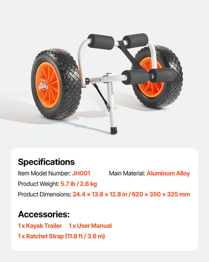Kajakwagen, 90 kg Tragkraft, faltbarer Kajakwagen mit 25,4 cm Vollgummireifen und 1 Ratschengurt, Paddleboard-Wagen zum Transport von Kajaks, Kanus, Paddleboards, Schwimmmatten und Jon-Booten