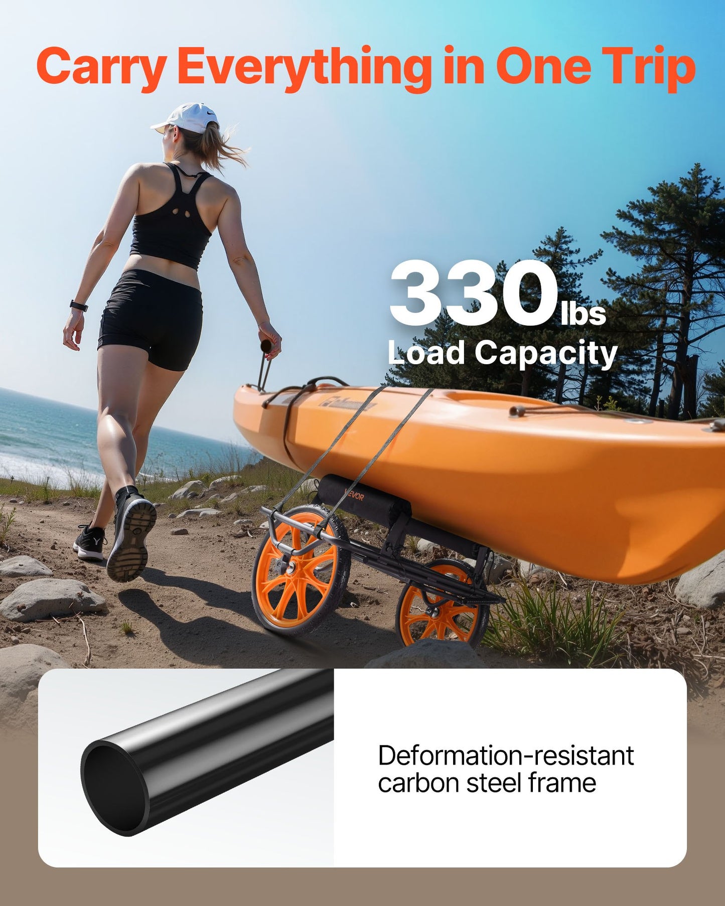 Kayak Cart, 149.7 kg Load Capacity, Canoe Cart Dolly with 38.1 cm Solid Rubber Tires & Kickstand, Assembles & Disassembles Within Seconds, Paddle Board Trolley for Kayaks, Canoes, Paddleboards