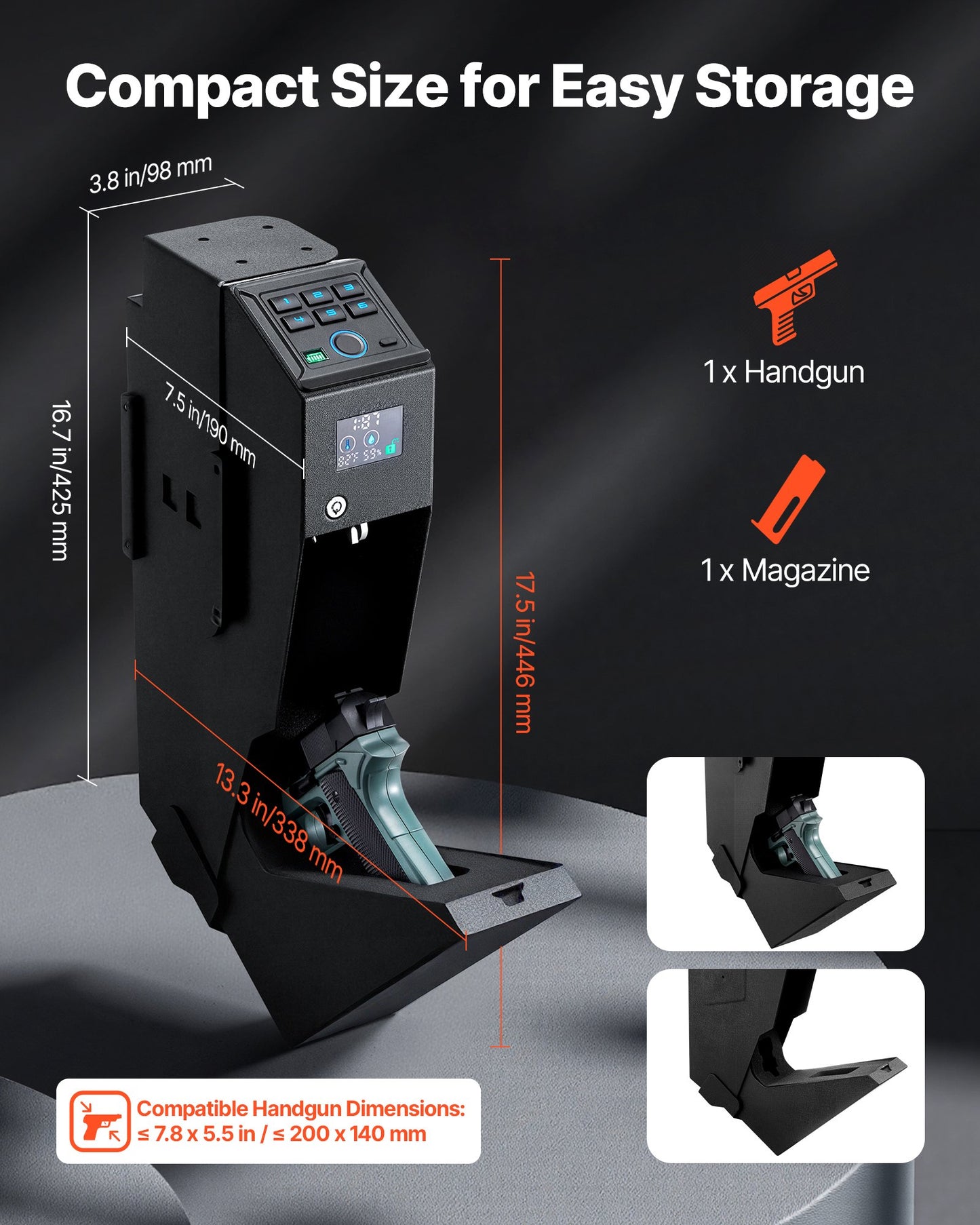 Gun Safe, Slider Handgun Gun Safe with Screen, Fingerprint/Password/Key, 3-Way Quick Access Firearm Case Box with LED for 1 Pistol & Magazine, Mounted Gun Box for Nightstand Bedside Desk Car