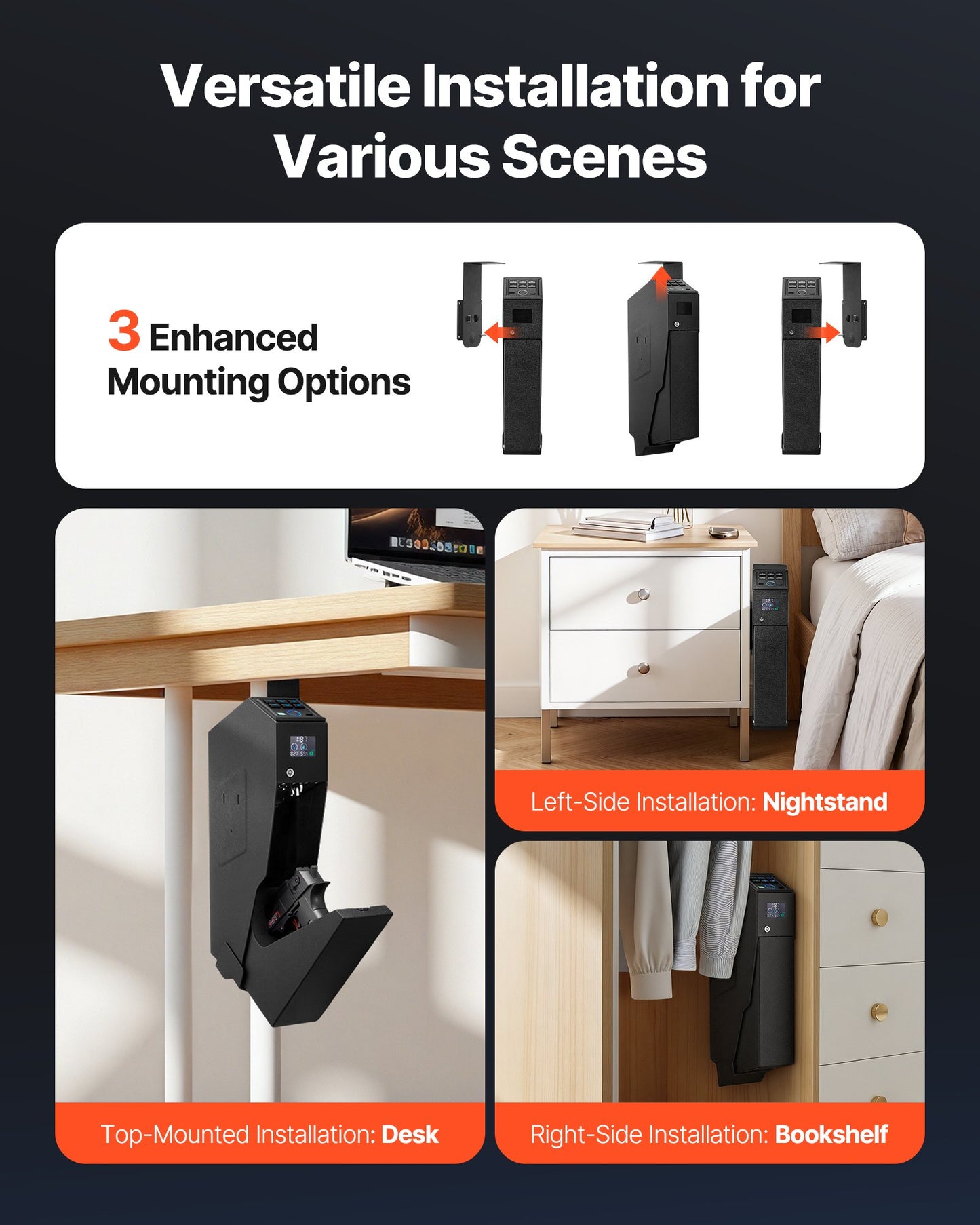 Gun Safe, Slider Handgun Gun Safe with Screen, Fingerprint/Password/Key, 3-Way Quick Access Firearm Case Box with LED for 1 Pistol & Magazine, Mounted Gun Box for Nightstand Bedside Desk Car