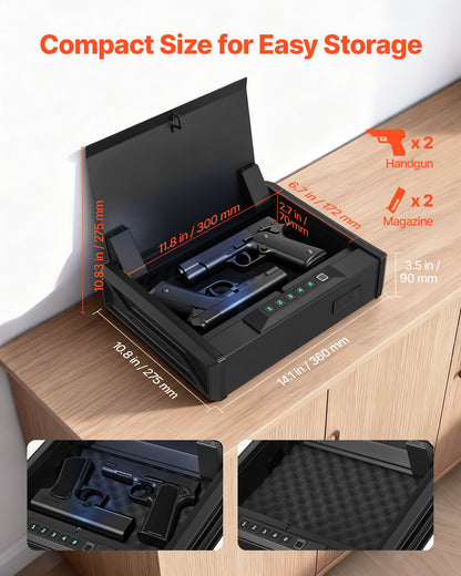 Gun Safe, Heavy Duty Handgun Safe with Fingerprint/Password/Key, 3-Way Quick Access Firearm Case Box with Lighting for 2 Pistols & 2 Magazines, Pistol Gun Box for Nightstand Bedside Desk Car