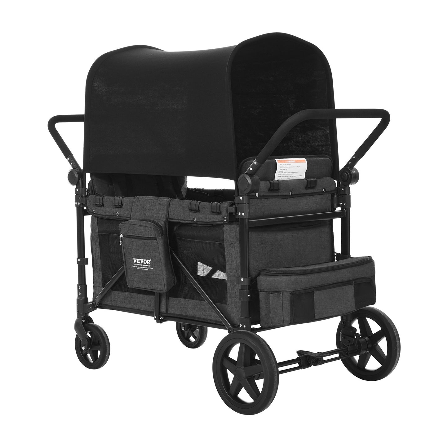 Bollerwagen für 4 Kinder, zusammenklappbarer Schiebe- und Zugbuggy mit verstellbarem Griff, Sicherheitsgurt und abnehmbarem Verdeck, 4-Sitzer-Bollerwagen für Camping, Dunkelgrau und Schwarz (Tragfähigkeit: 150 kg)