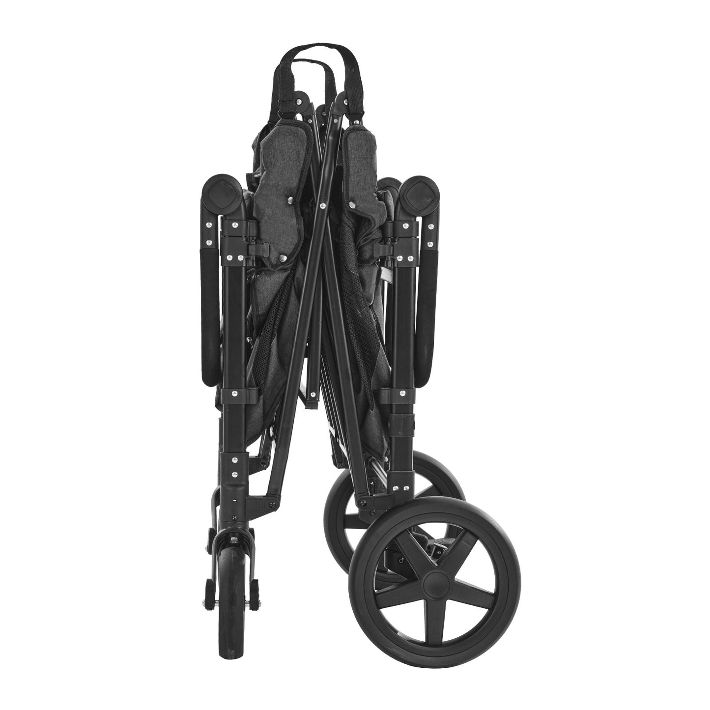 Bollerwagen für 4 Kinder, zusammenklappbarer Schiebe- und Zugbuggy mit verstellbarem Griff, Sicherheitsgurt und abnehmbarem Verdeck, 4-Sitzer-Bollerwagen für Camping, Dunkelgrau und Schwarz (Tragfähigkeit: 150 kg)