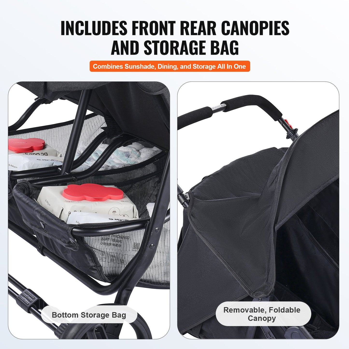 Doppelkinderwagen, nebeneinander, faltbarer, leichter Zwillingskinderwagen mit Tandemsitzen, verstellbarer Fußstütze/drehbarem Schiebegriff, Rundum-Sicherheitsgurt, Aufbewahrungskorb, für Neugeborene und Kleinkinder (Schwarz)