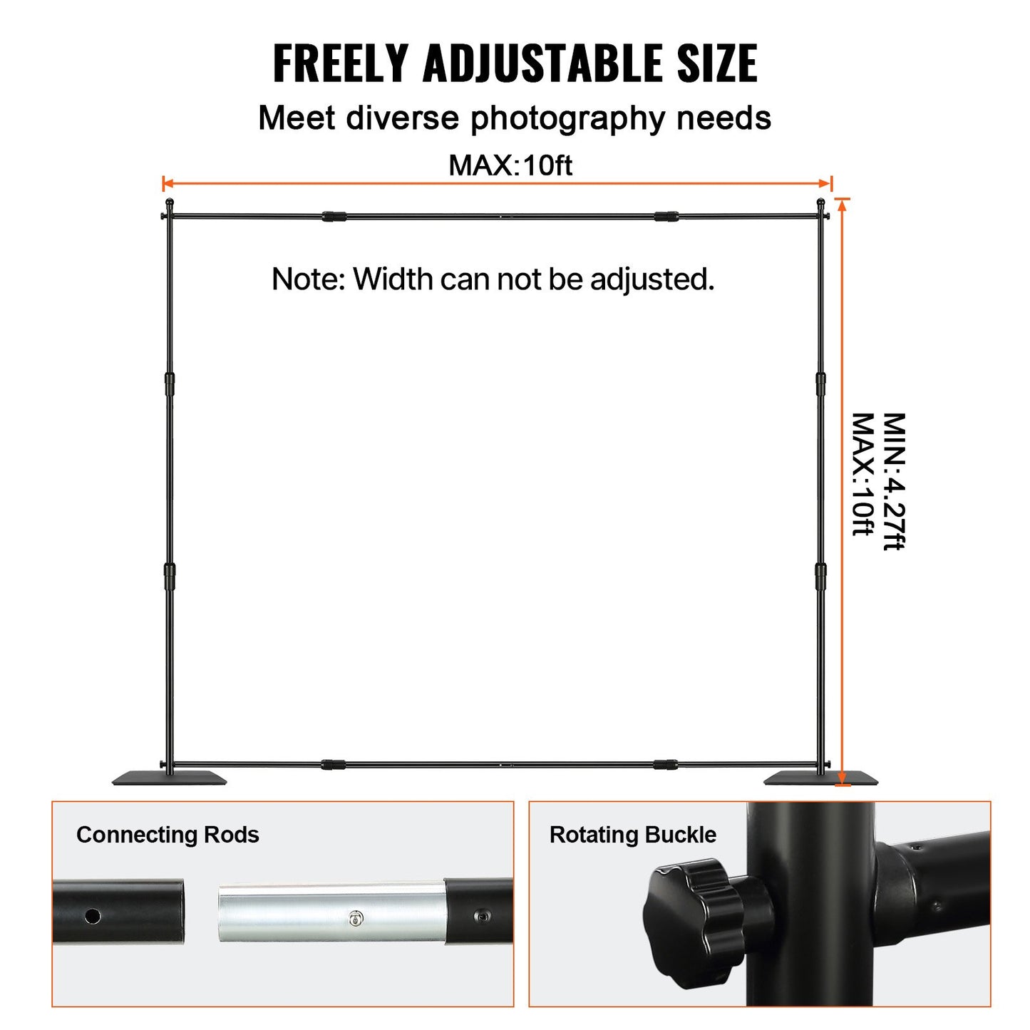304.8 x 304.8 cm Pipe and Drape Kit, Heavy Duty Backdrop Stand with Carbon Steel Base, Adjustable Backdrop Support with 6 Clamps and A Carry Bag for Wedding, Party, Event, Photography, and Exhibition