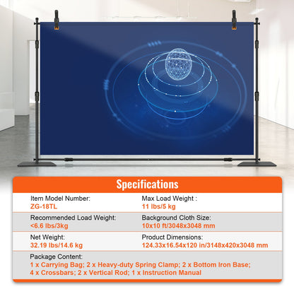 304.8 x 304.8 cm Pipe and Drape Kit, Heavy Duty Backdrop Stand with Carbon Steel Base, Adjustable Backdrop Support with 6 Clamps and A Carry Bag for Wedding, Party, Event, Photography, and Exhibition