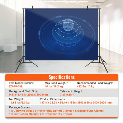 365.7 x 304.8 cm Heavy Duty Backdrop Stand, Height Adjustable Photography Backdrop Stand, Background Support System with 6 Clamps and A Carry Bag, for Party, Wedding, Display, Photo