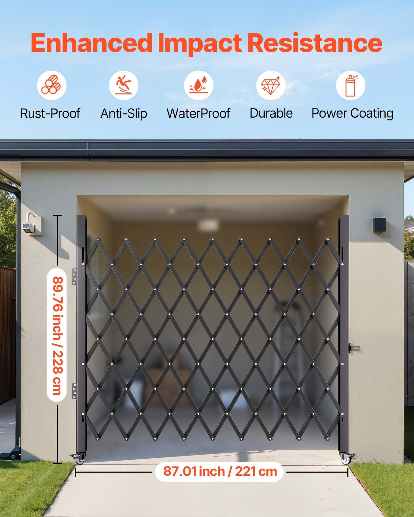 Faltbares Sicherheitstor (198 cm H x 229 cm B), Stahl-Falttor, flexibles Ausziehtor, 360°-Rolltor, Scherentor mit Vorhängeschloss