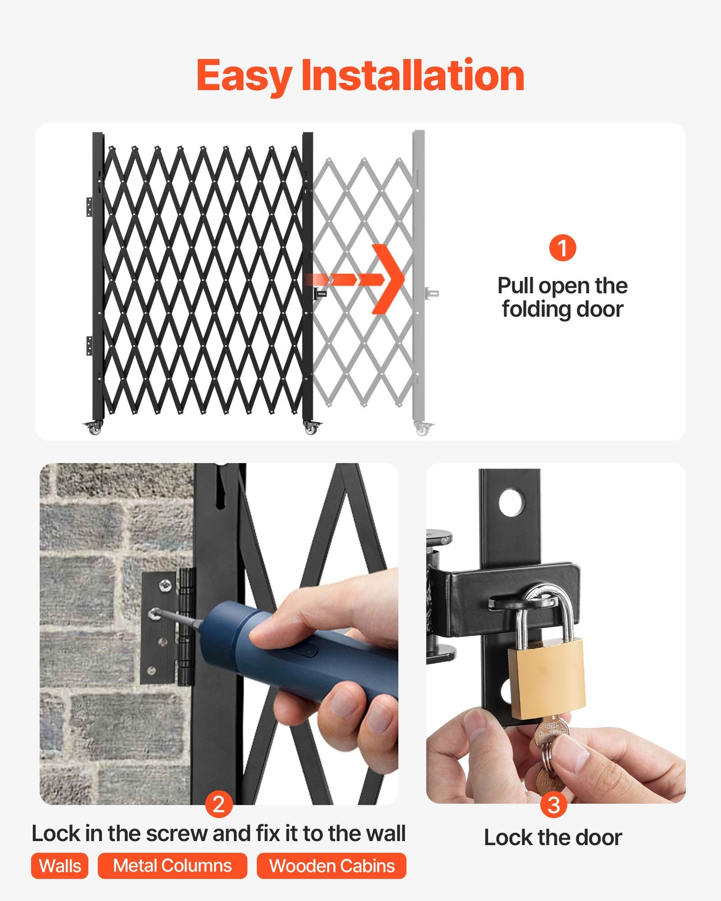 Faltbares Sicherheitstor (198 cm H x 229 cm B), Stahl-Falttor, flexibles Ausziehtor, 360°-Rolltor, Scherentor mit Vorhängeschloss