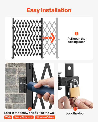 Faltbares Sicherheitstor (198 cm H x 229 cm B), Stahl-Falttor, flexibles Ausziehtor, 360°-Rolltor, Scherentor mit Vorhängeschloss