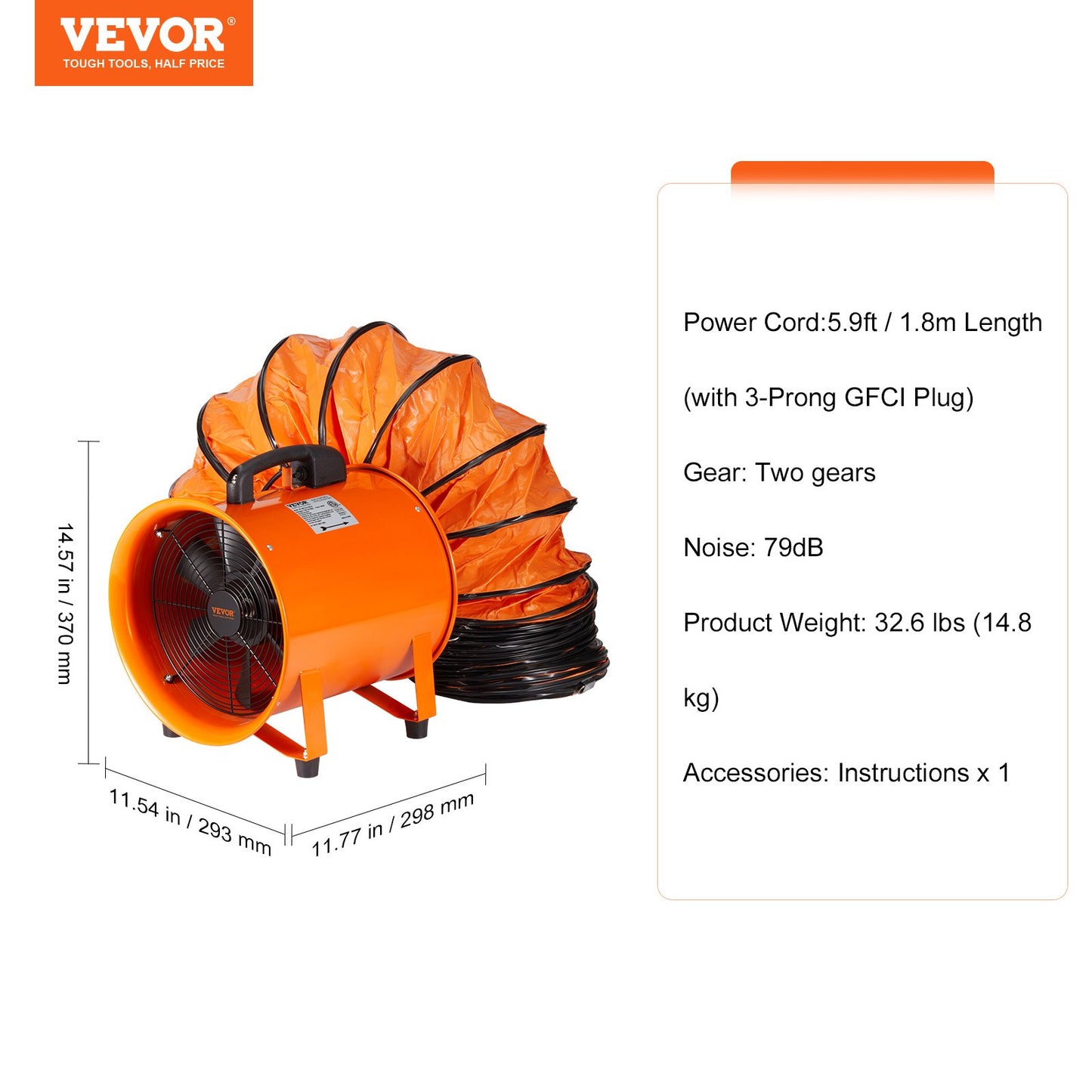25.4cm Portable Ventilator, 2 Speed Industrial Utility Blower Fan with 10m Flexible Duct Hose, Exhaust Axial Fan for Basements, Workshops, Warehouses , and Confined Spaces, Orange