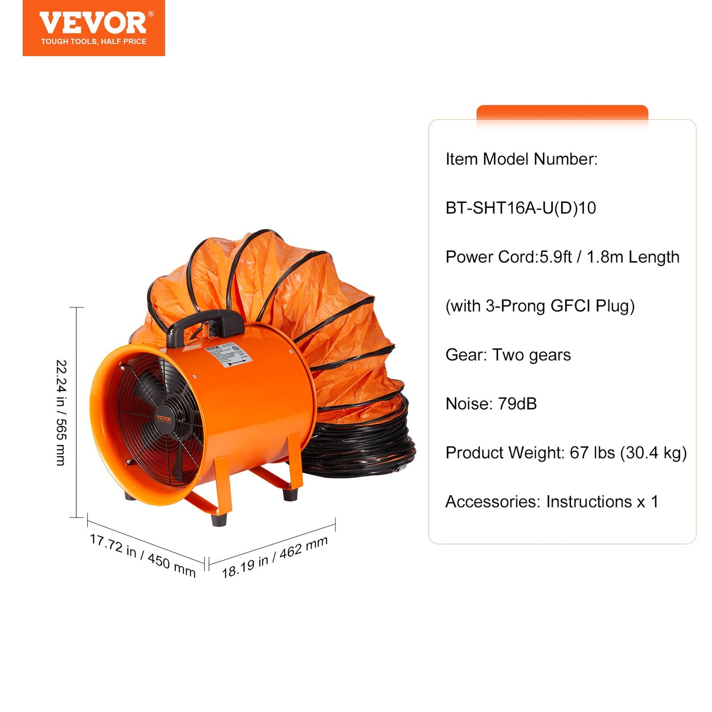 40.6cm Portable Ventilator, 2 Speed 5175CFM High-Velocity Industrial Utility Blower Fan with 10m Flexible Duct Hose, Exhaust Axial Fan for Basements, Workshops, Warehouses, Orange