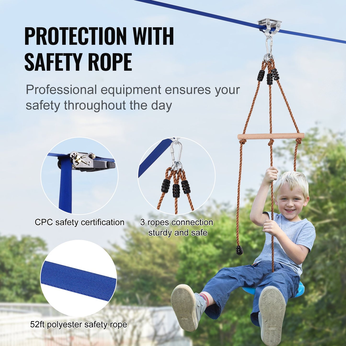 Zipline Kit for Kids and Adult, 52 ft Zip Line Kits Up to 500 lb, Backyard Outdoor Quick Setup Zipline, Playground Entertainment with Zipline, Nylon Safety Harness, Seat, and Handlebar