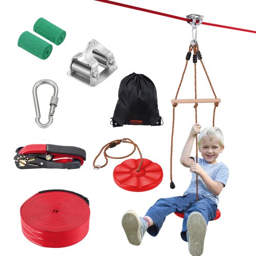 Zipline Kit for Kids and Adult, 65 ft Zip Line Kits Up to 500 lb, Backyard Outdoor Quick Setup Zipline, Playground Entertainment with Zipline, Nylon Safety Harness, Seat, and Handlebar