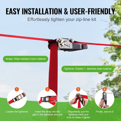 Zipline Kit for Kids and Adult, 65 ft Zip Line Kits Up to 500 lb, Backyard Outdoor Quick Setup Zipline, Playground Entertainment with Zipline, Nylon Safety Harness, Seat, and Handlebar