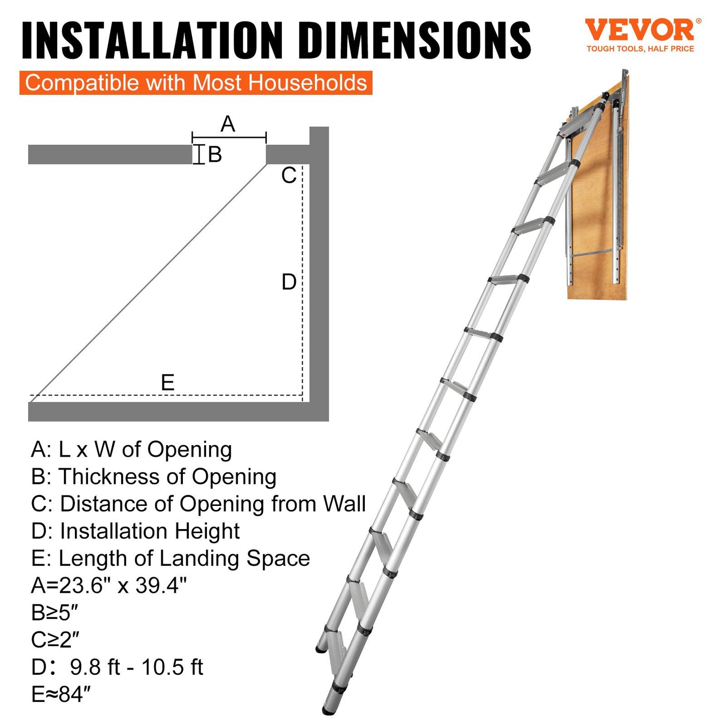 Attic Ladder Telescoping, 158.8 kg Capacity, 100 cm x 60 cm, Multi-Purpose Aluminium Extension, Lightweight and Portable, Fits 3m-3.2m Ceiling Heights, Convenient Access to Your Attic Standard