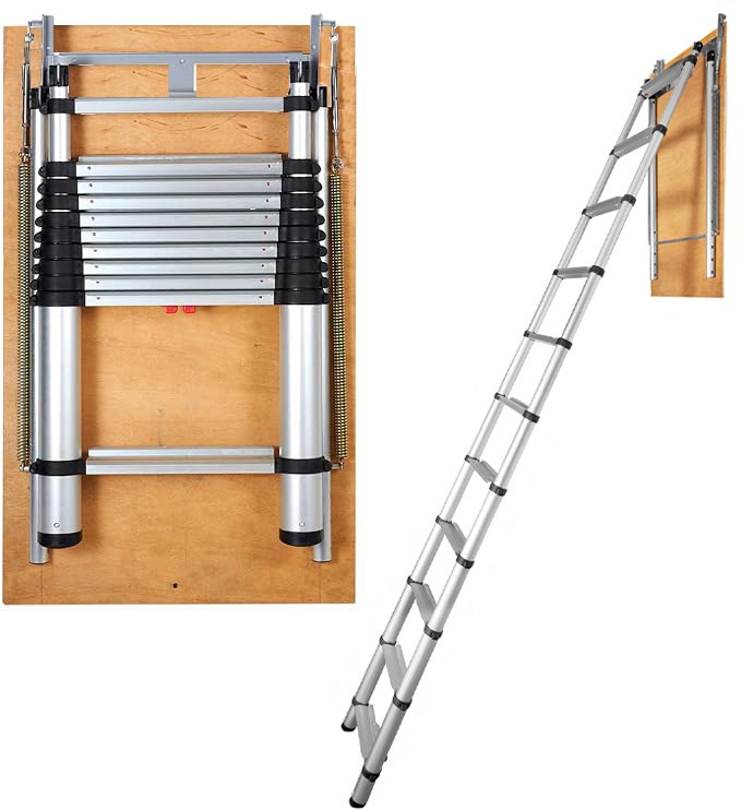 Attic Ladder Telescoping, 158.8 kg Capacity, 100 cm x 60 cm, Multi-Purpose Aluminium Extension, Lightweight and Portable, Fits 3m-3.2m Ceiling Heights, Convenient Access to Your Attic Standard