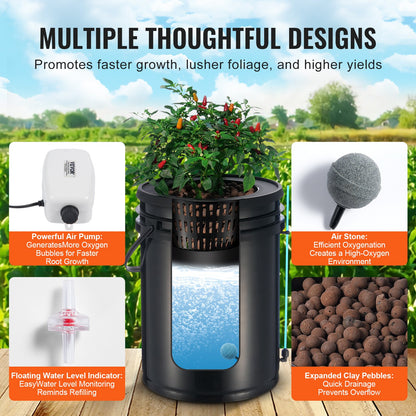 DWC Hydroponics Grow System, Hydroponic Growing System with Top Drip Kit, 5-Gallon Deep Water Culture with Air Pump, Air Stone and Water Level Device for Leafy Vegetables(1 Bucket+Top Drip Kit)