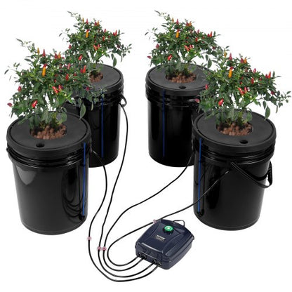 DWC-Hydroponik-Anbausystem, Hydroponisches Anbausystem, Tiefwasserkultur-System mit 4 Eimern (5 Gallonen), DWC-System mit Luftpumpe, Ausströmersteinen und Wasserstandsanzeige für Blattgemüse