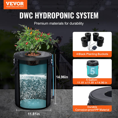 DWC-Hydroponik-Anbausystem, Hydroponisches Anbausystem, Tiefwasserkultur-System mit 4 Eimern (5 Gallonen), DWC-System mit Luftpumpe, Ausströmersteinen und Wasserstandsanzeige für Blattgemüse