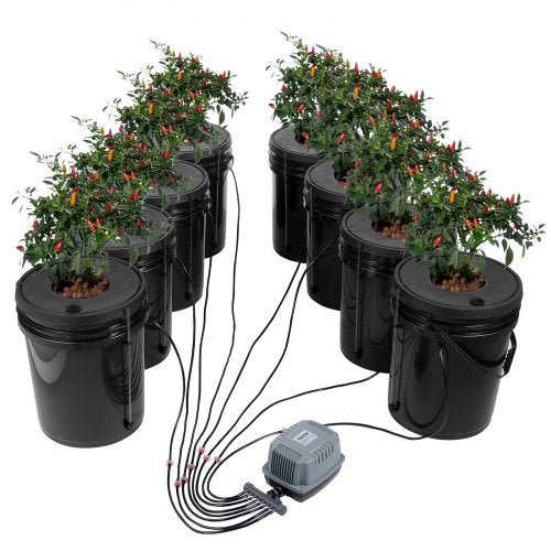 DWC-Hydroponik-Anbausystem, Hydroponisches Anbausystem, Tiefwasserkultur-System mit 8 Eimern (5 Gallonen), DWC-System mit Luftpumpe, Ausströmersteinen und Wasserstandsanzeige für Blattgemüse