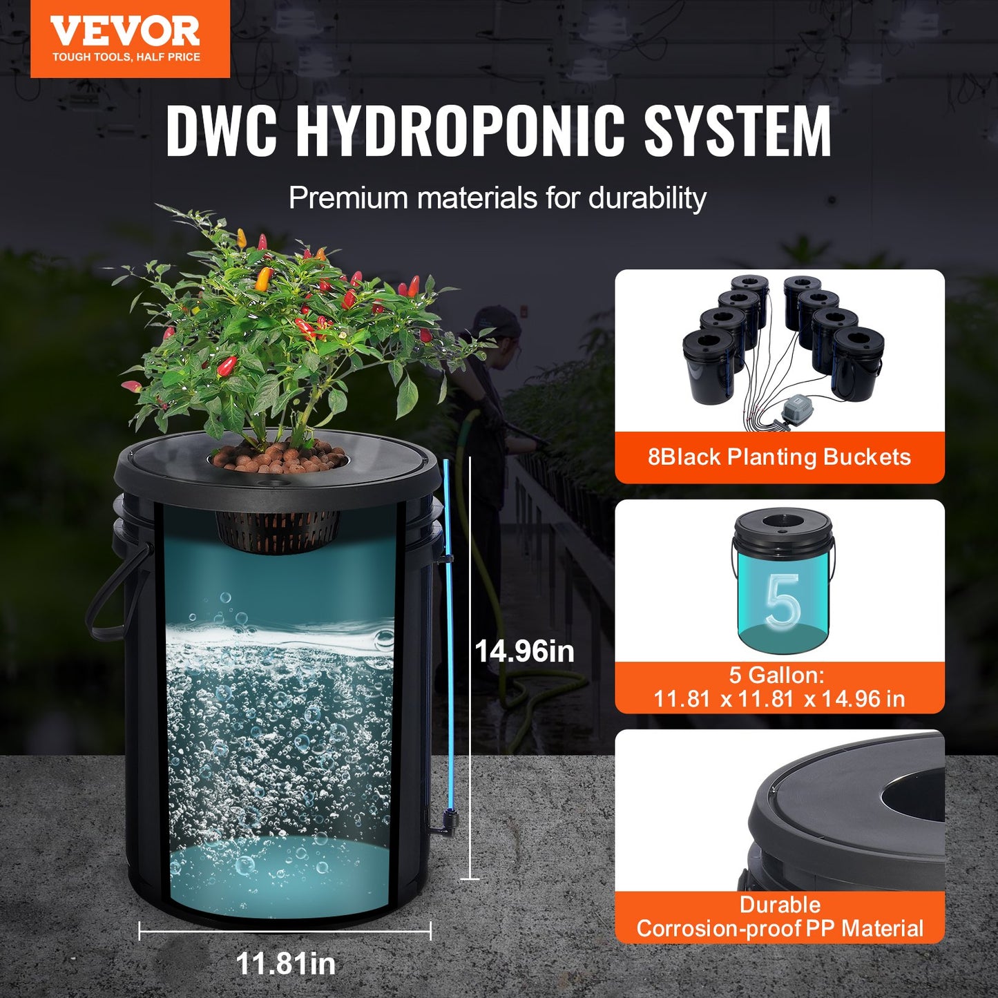 DWC-Hydroponik-Anbausystem, Hydroponisches Anbausystem, Tiefwasserkultur-System mit 8 Eimern (5 Gallonen), DWC-System mit Luftpumpe, Ausströmersteinen und Wasserstandsanzeige für Blattgemüse