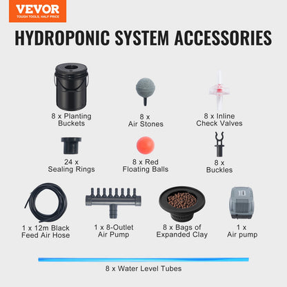 DWC-Hydroponik-Anbausystem, Hydroponisches Anbausystem, Tiefwasserkultur-System mit 8 Eimern (5 Gallonen), DWC-System mit Luftpumpe, Ausströmersteinen und Wasserstandsanzeige für Blattgemüse