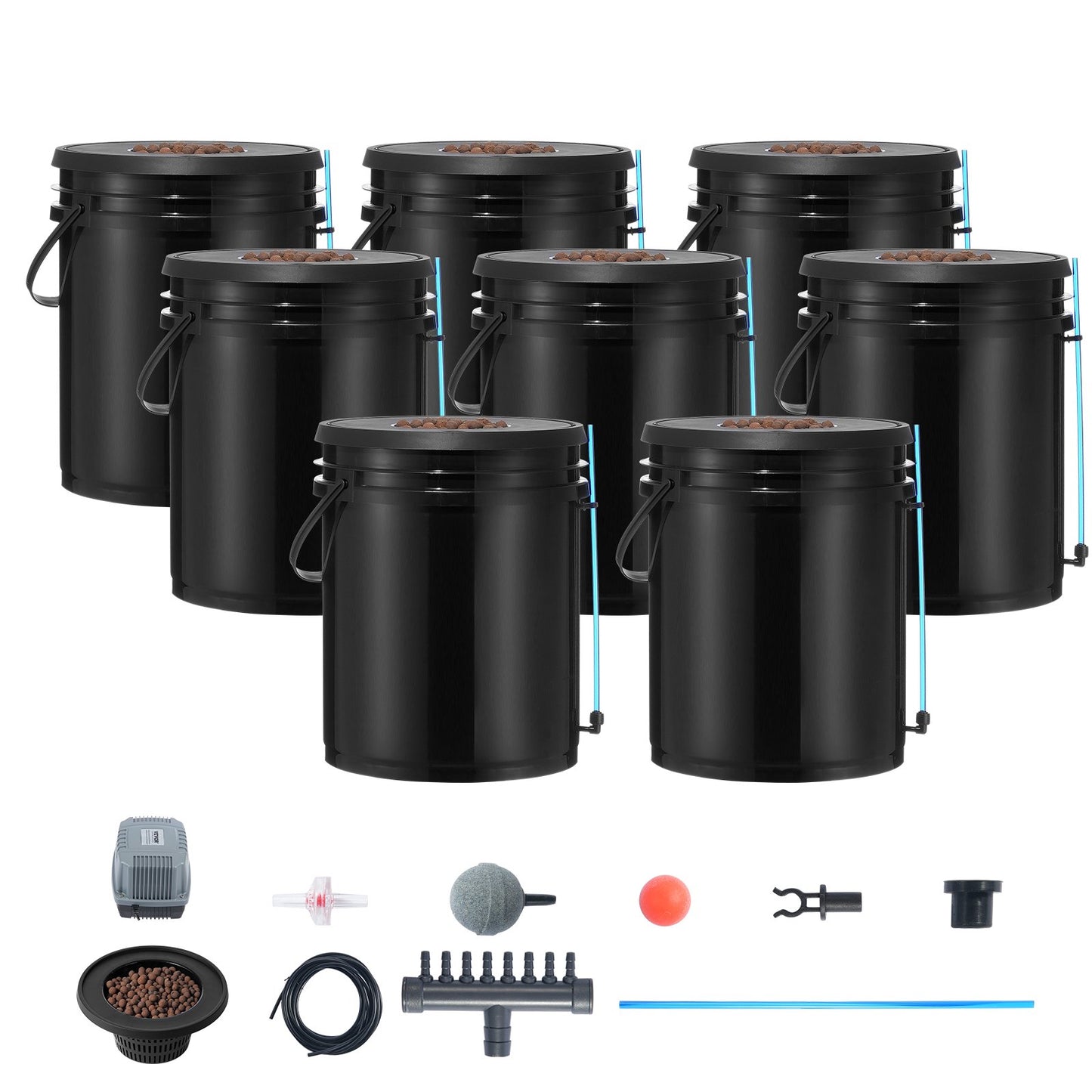 DWC-Hydroponik-Anbausystem, Hydroponisches Anbausystem, Tiefwasserkultur-System mit 8 Eimern (5 Gallonen), DWC-System mit Luftpumpe, Ausströmersteinen und Wasserstandsanzeige für Blattgemüse