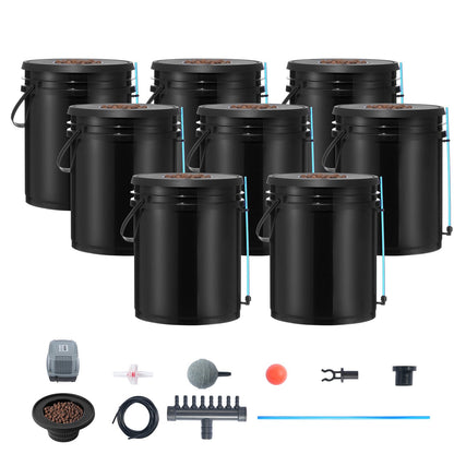 DWC-Hydroponik-Anbausystem, Hydroponisches Anbausystem, Tiefwasserkultur-System mit 8 Eimern (5 Gallonen), DWC-System mit Luftpumpe, Ausströmersteinen und Wasserstandsanzeige für Blattgemüse