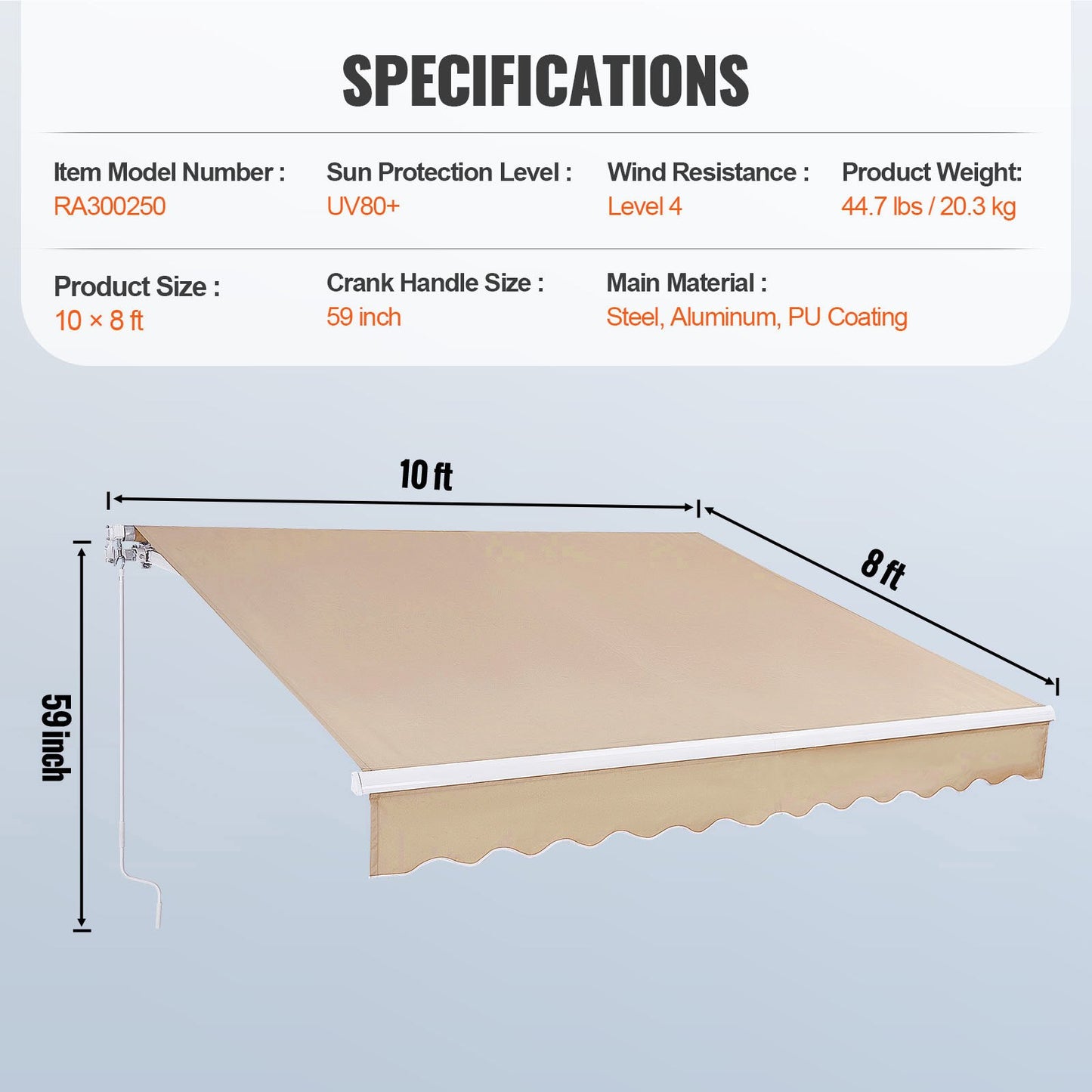 Manuell ausziehbare Markise, 3 x 2,4 m (10 x 8 Fuß) große, wasserabweisende Polyester-Terrassen- und Fenstermarkise mit Kurbelgriff für Garten und Balkon