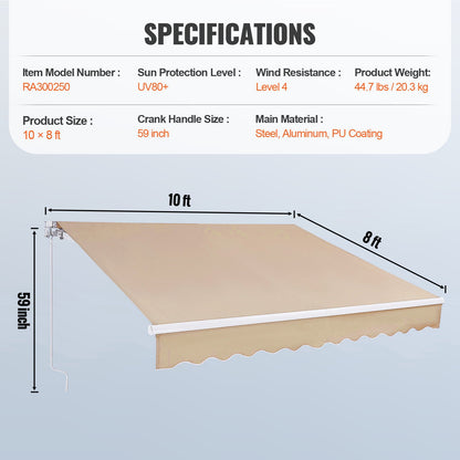 Manuell ausziehbare Markise, 3 x 2,4 m (10 x 8 Fuß) große, wasserabweisende Polyester-Terrassen- und Fenstermarkise mit Kurbelgriff für Garten und Balkon