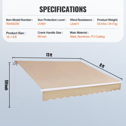 Manuell einziehbare Markise, 13 x 8 Fuß (ca. 4 x 2,4 m) große, wasserabweisende Polyester-Terrassen- und Fenstermarkise mit Kurbelgriff für Garten und Balkon