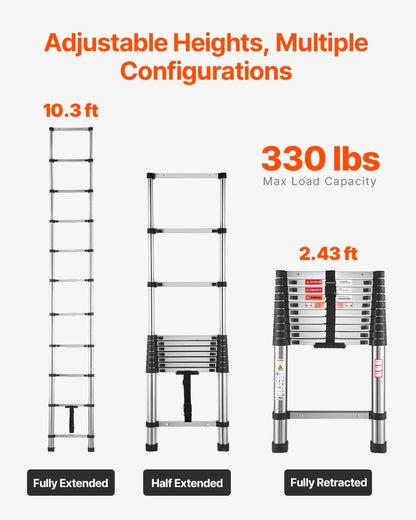 Telescoping Ladder, 3140mm Stainless Steel Lightweight Extension Ladder, Multi-Button Retraction Collapsible Ladders, 150 kg Capacity & Non-Slip Feet, Portable 11-Step Ladders for Home RV Loft