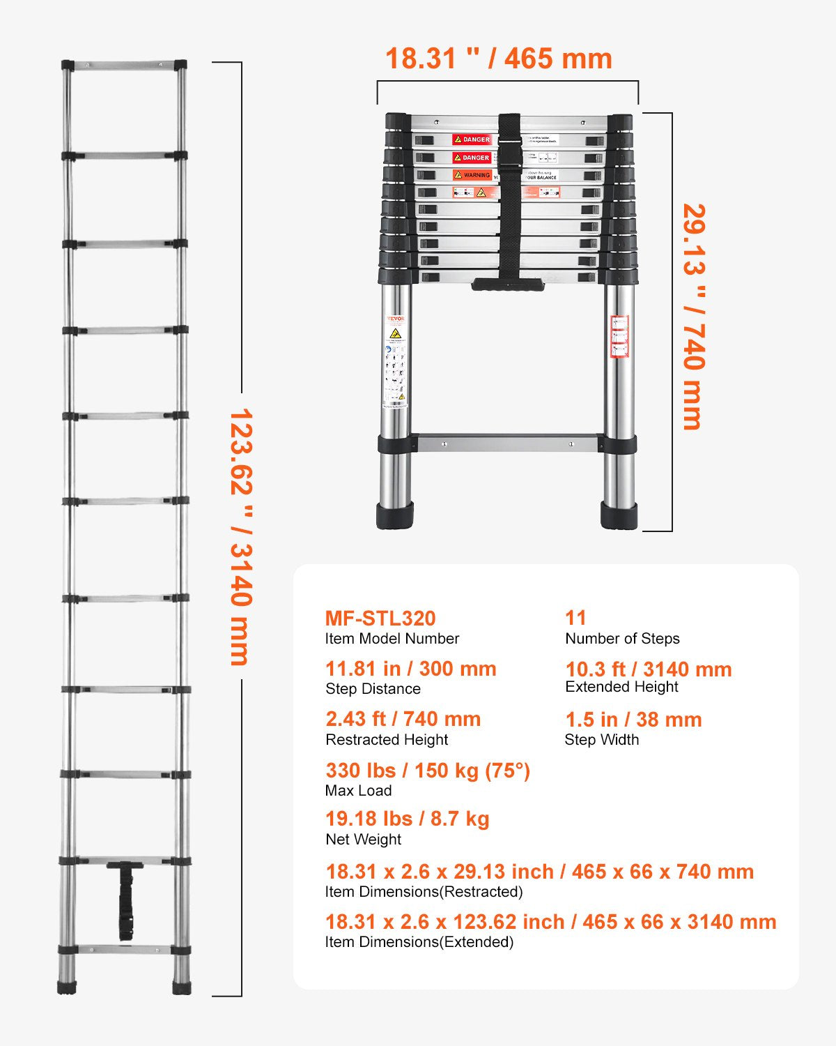 Telescoping Ladder, 3140mm Stainless Steel Lightweight Extension Ladder, Multi-Button Retraction Collapsible Ladders, 150 kg Capacity & Non-Slip Feet, Portable 11-Step Ladders for Home RV Loft