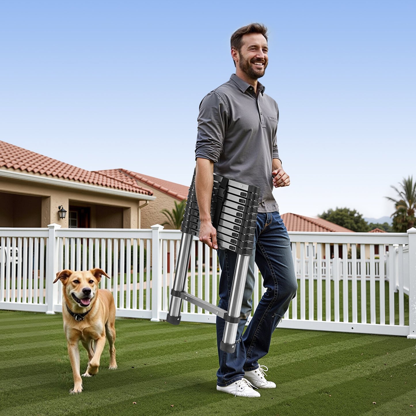 Telescoping Ladder, 3140mm Stainless Steel Lightweight Extension Ladder, Multi-Button Retraction Collapsible Ladders, 150 kg Capacity & Non-Slip Feet, Portable 11-Step Ladders for Home RV Loft