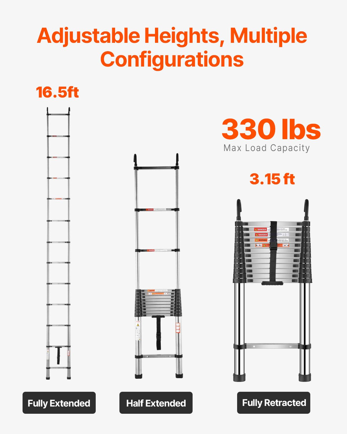 Telescoping Ladder, 5030mm Stainless Steel Lightweight Extension Ladder, Multi-Button Retraction Collapsible Ladders, 150 kg Capacity & Non-Slip Feet, Portable 13-Step Ladders for Home RV Loft