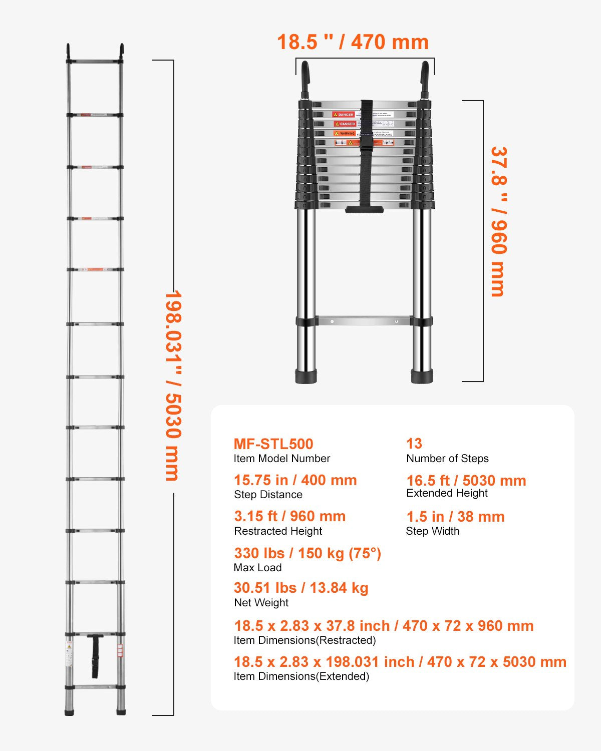 Telescoping Ladder, 5030mm Stainless Steel Lightweight Extension Ladder, Multi-Button Retraction Collapsible Ladders, 150 kg Capacity & Non-Slip Feet, Portable 13-Step Ladders for Home RV Loft