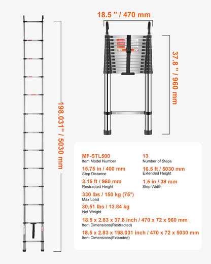Telescoping Ladder, 5030mm Stainless Steel Lightweight Extension Ladder, Multi-Button Retraction Collapsible Ladders, 150 kg Capacity & Non-Slip Feet, Portable 13-Step Ladders for Home RV Loft